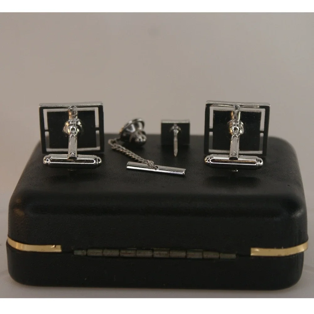 Vintage Sears Collectors Choice Mens Cufflinks & Tie Tac Silver Tone Black Stone
